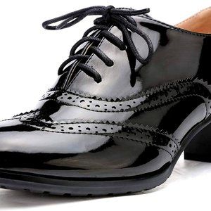 Odema Womens PU Leather Oxfords Wingtip Lace up Mid Heel Pumps Shoes NWT